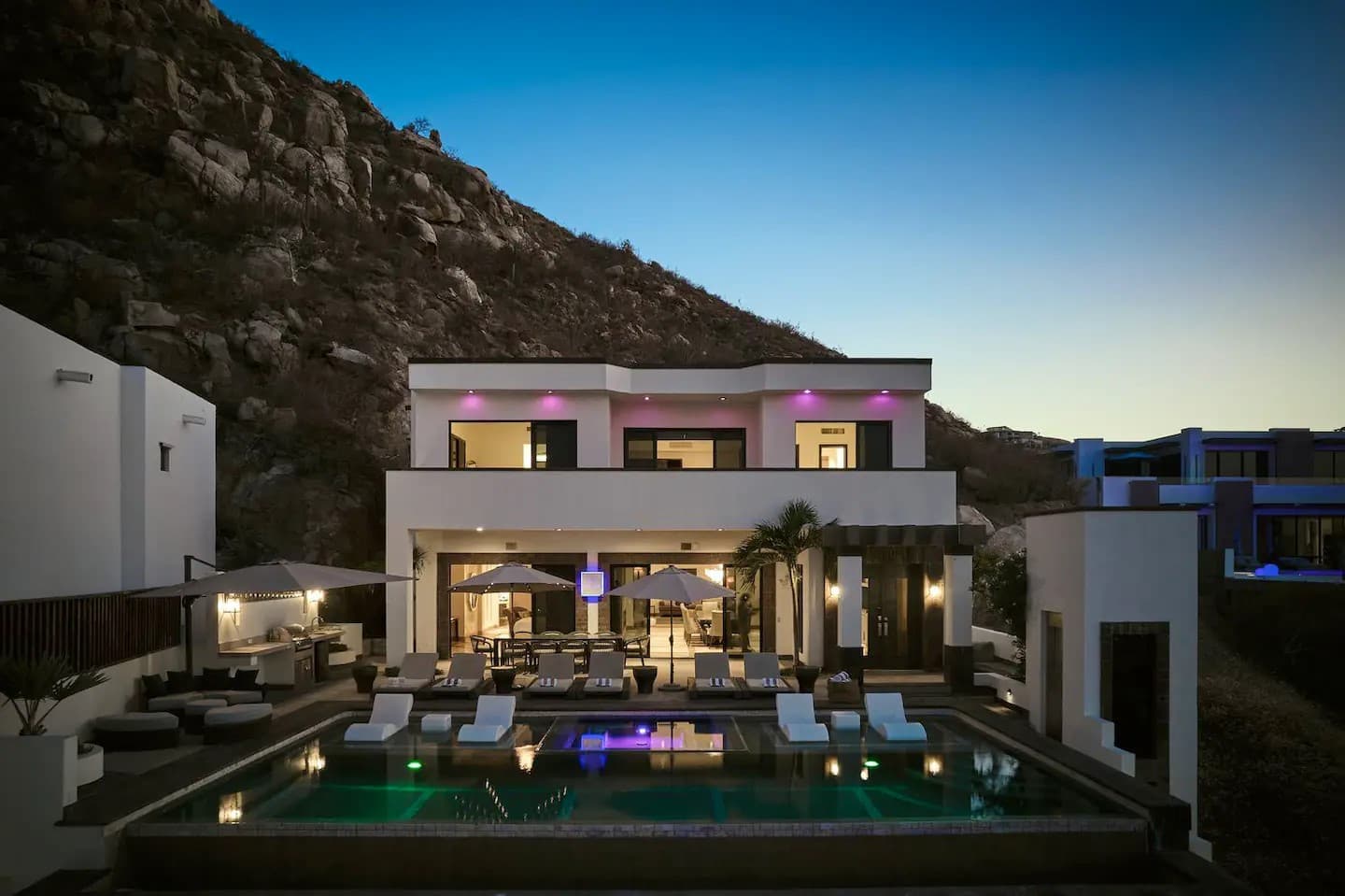 A professionally optimized Airbnb villa at dusk